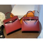 Kelly25 imported box leather Hermes red full handmade silver buckle